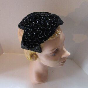 Mid Century Black Velvet & Beaded Cocktail Hat